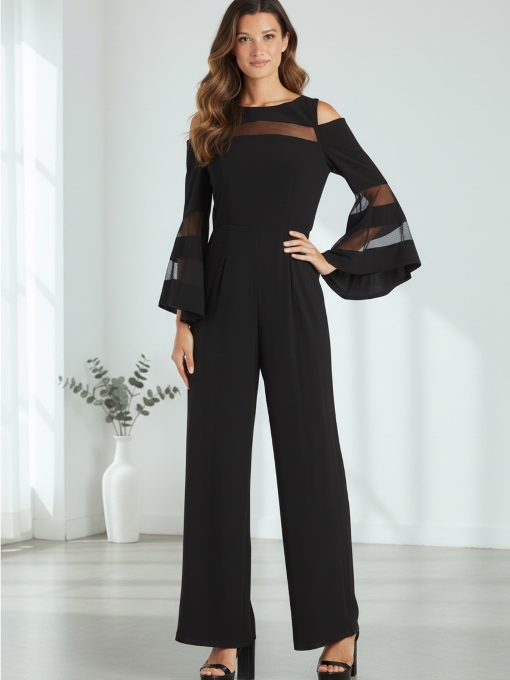 R&M Richards Black 2469 Cold Shoulder Illusion Bell Sleeve Jumpsuit– Size 6